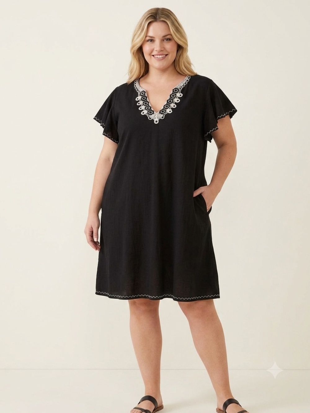 Max Studio Black V-Neck Tunic with White Embroidered Lace
